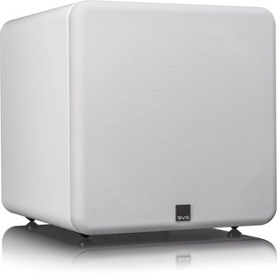 SVS SB-2000 Pro vit lackerad basreflexlåda, frontvy, rundad kubisk form, vit tygklädd grill