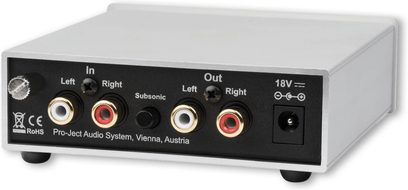 Pro-Ject Phono Box S2 Ultra phono-forforstærker sort, bagsidevisning, rektangulært kabinet, RCA-stik venstre/højre, subsonic-knap, 18V strømtilslutning