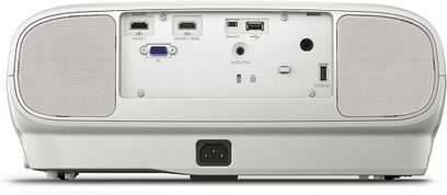Epson EH-TW6700W hvid videoprojektor set forfra, med tilslutninger på bagsiden og indbyggede højttalere på siderne