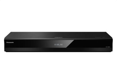 Blu-ray přehrávač 4K Panasonic DP-UB820AFK černý, lesklá přední strana s centrálním displejem, pohled zepředu