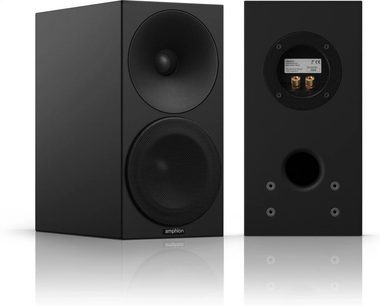 Amphion Helium 510 sort bogreolhøjttaler, set forfra og bagfra, synlig diskant og basenheder, bagpå stikforbindelser