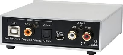 Convertisseur audio DAC Pro-Ject DAC Box S2+ noir vue arrière avec entrées USB coaxiale optique et sorties RCA