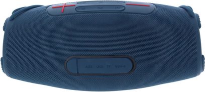 Bluetooth-højttaler Yourban Getone 45, set ovenfra, blåt stof, røde knapper, synlige AUX-, USB-, TF- og Type-C-porte