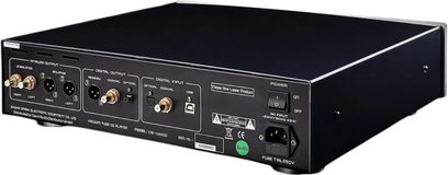 Kõrgtasemel Cayin CS-100CD must metallist CD-mängija, tagantvaates kerge nurga alt, varustatud analoogväljunditega (RCA ja XLR), koaksiaalsete, optiliste ja USB digitaalsete väljundite ja sisenditega, lisaks lüliti ja toitepistik