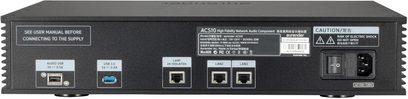 Aurender ACS10 hi-fi-CD-afspiller i sort, set bagfra med USB-, LAN- og IEC-strømporte