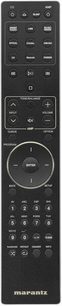 Sort Marantz fjernbetjening med knapper og drejeknapper til at styre en hi-fi-forstærker, set forfra