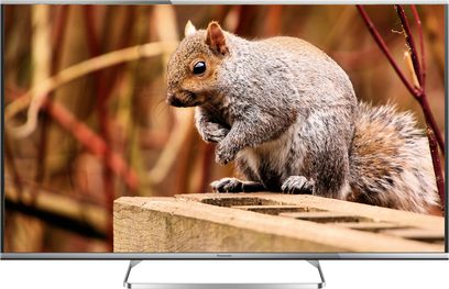 Panasonic TX-55AS650E-fladskærm, der viser et gråt egern, der sidder på en træplanke, set fra siden