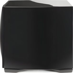 Paradigm Defiance S12 black subwoofer, cubic enclosure with glossy lacquered finish, front view, elevated base