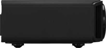 JVC DLA-NZ9 black projector, front view, centered lens, side ventilation grilles, rounded rectangular shape