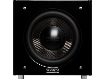 Subwoofer Velodyne SPL-X 18 negro brillante, vista frontal, gran altavoz central con cono de carbono y pies plateados