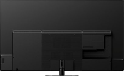Panasonic TX-55JZ1000E TV, set forfra, sort slukket skærm, smal mørk grå ramme, rektangulær sort centralt placeret fod
