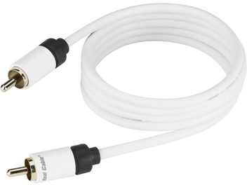 Real Cable SUB-1 3 metrin valkoinen subwooferkaapeli, kelalla, mustat ja kullanväriset RCA-liittimet