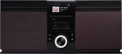 Primare Allt-i-Ett allt-i-ett hi-fi-system, brun trä och metall, vy framifrån, skärm, touchkontroller och central ratt
