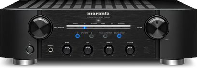Amplificador hi-fi estéreo Marantz PM8006 preto, vista frontal, frente preta com botões e entradas, dois botões prateados