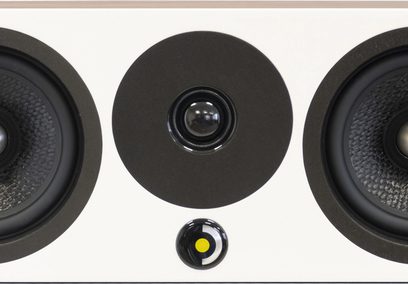 Coluna central Davis Acoustics Krypton C Nordik branca, vista frontal, 2 altifalantes pretos texturizados, tweeter central preto, botão circular com ponto amarelo