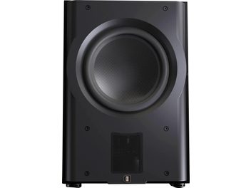 Subwoofer Perlisten R212s, widok z przodu, centralny okrągły głośnik, dolna prostokątna maskownica, czarne wykończenie