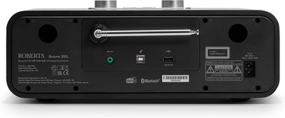 Roberts Blutune 300 sort bordradio set bagfra med teleskopantenne, USB- og aux-porte, DAB+ Bluetooth-logoer