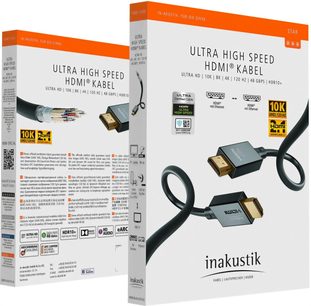 Inakustik Star II 48G HDMI-kabel 1,5m, forgyldte stik, set forfra og fra siden, hvid og orange emballage, sort tekst