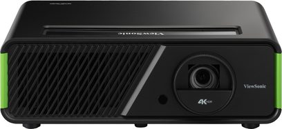 ViewSonic X1-4K svart videoprojektor, kompakt, forside med høyttaler og linse, tilkoblinger på baksiden