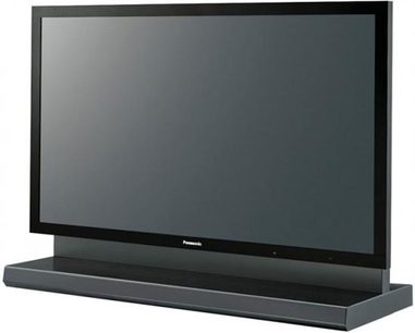 Panasonic TH-103PF12EK fladskærms-TV, rektangulær sort skærm, rektangulær grå base, set forfra