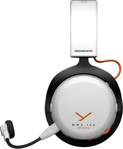 Навушники Beyerdynamic MMX 150 WL, боковий вигляд, білий пластиковий корпус, чорна рамка, помаранчевий кабель, гнучкий мікрофон на штанзі