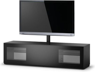 Sort TV-møbel med 2 glaslåger, 1 central hylde, fladskærmsbeslag, højglanspoleret sort og røgfarvet glas