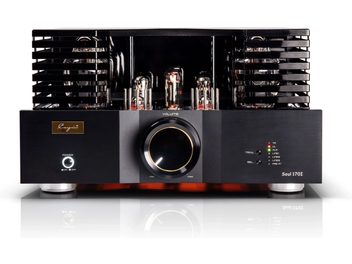 Amplificador estéreo a válvulas Cayin Soul 170i Madera, vista frontal, acabado en aluminio cepillado negro con gran botón de volumen central rodeado de dorado, válvulas de vidrio incandescentes protegidas por rejillas laterales y pilotos luminosos multicolores de entrada a la derecha, apoyado sobre pies metálicos