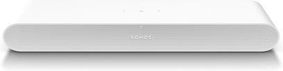 Frontansicht der weißen Sonos Ray Soundbar, längliche abgerundete Form, weiße Lautsprecherabdeckung über die gesamte Oberfläche, zentrales Logo