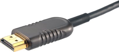 HDMI kabel Inakustik HDMI 2.0 optické vlákno 10 m černý, pozlacený HDMI konektor, černý opletený plášť, pohled z profilu