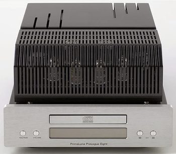 PrimaLuna ProLogue Eight sølvfarvet CD-afspiller, frontvisning, sort gitter, sølvfarvet front, knapper og digitalt display