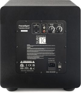 Paradigm Essentials Sub 10 subwoofer, bakside, svart kontrollpanel med knapper, RCA-porter, tekst og bryter