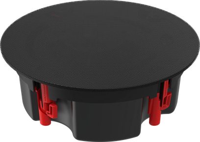 Decken-Einbaulautsprecher Klipsch PIC-525-T-SC BW, Perspektivansicht, runde schwarze Abdeckung, schwarzes Gehäuse, rote Befestigungen