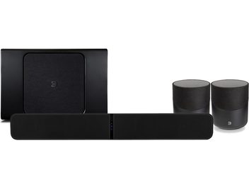 Soundbar BlueSound Pulse nera, 2 diffusori cilindrici neri, vista frontale su sfondo bianco