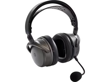 Audeze Maxwell 2 gaming headset for PlayStation in anthracite black with boom microphone and dual headband, three-quarter view