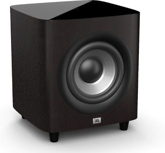 Subwoofer JBL Studio 650P dark walnut, pohled zepředu, krychlový tvar, tmavé dřevěné provedení, černý kruhový reproduktor uprostřed