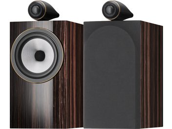 Altavoz de estantería Bowers & Wilkins 705 S3 Signature datuk gloss, vista frontal y lateral, acabado en madera oscura, altavoz redondo negro, tweeter negro en la parte superior