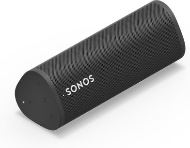 Trådløs Sonos Roam højttaler i Shadow Black, cylindrisk form, sort gitter, hvidt logo, set forfra