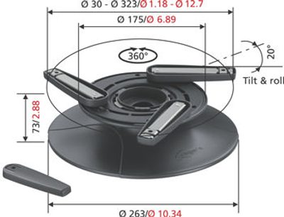 Vogel's EPT6525 sort loftmontering til videoprojektor, set ovenfra med mål og 360° rotationsvinkel