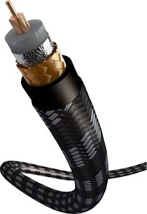 Cable de audio negro trenzado con conectores RCA dorados en cada extremo, visto en primer plano de perfil sobre fondo blanco