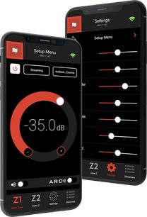 To sorte Anthem MRX 1140 8K-smartphones, der viser brugergrænsefladens indstillinger og et lydniveau på -35,0 dB
